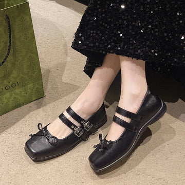 Xajzpa New Style Women's Square Toe Shoes Luxury Bow Flats Ladies Ballet Silver Belt Buckle Footwear Elegant Fashion Mary Jane Shoes
